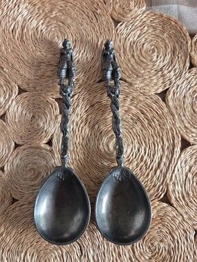 Vintage Figural Pewter Serving Spoon Set,  Cast Metal Decorative